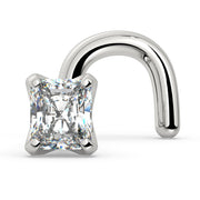 14k white gold radiant-cut diamond nose ring in twist style, side profile showing corkscrew post