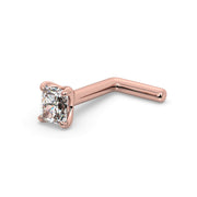 14k rose gold radiant-cut diamond nose ring L-post style, angled view of L-shaped backing