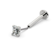 14k white gold radiant-cut diamond threadless flat back labret, side view showing separated push-pin end
