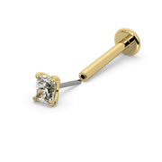 14k yellow gold radiant-cut diamond threadless flat back labret, side view showing separated push-pin end