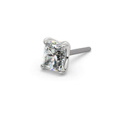 14k white gold 2.3mm radiant-cut diamond push-pin end only, angled view showing sparkle and prong detail