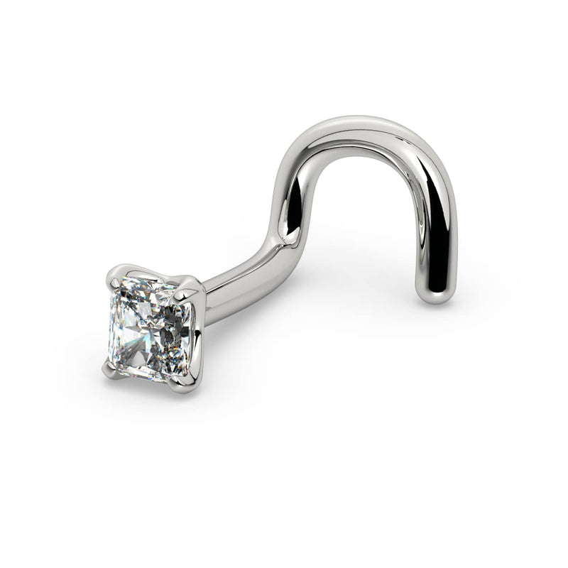 14k white gold radiant-cut diamond nose ring twist style, angled view showing spiral post