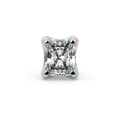 Front view of 2.3mm radiant-cut diamond end in 14k white gold, four-prong setting detail close-up