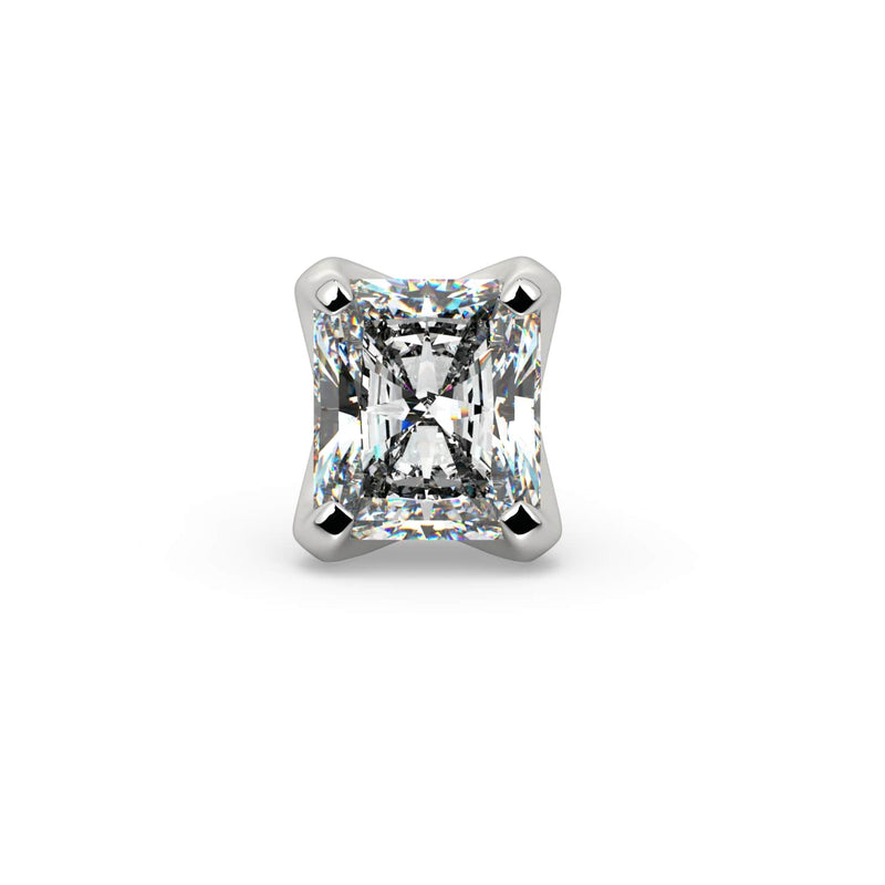 Front view of 2.3mm radiant-cut diamond end in 14k white gold, four-prong setting detail close-up