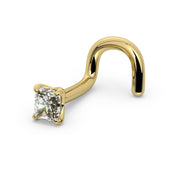 14k yellow gold 2.3mm radiant-cut diamond nose ring, angled view of twist backing style