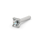 14k white gold radiant-cut diamond nose bone stud, angled view showing straight post with ball end