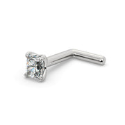 14k white gold 2.3mm radiant-cut diamond nose ring in L-post style, angled side view