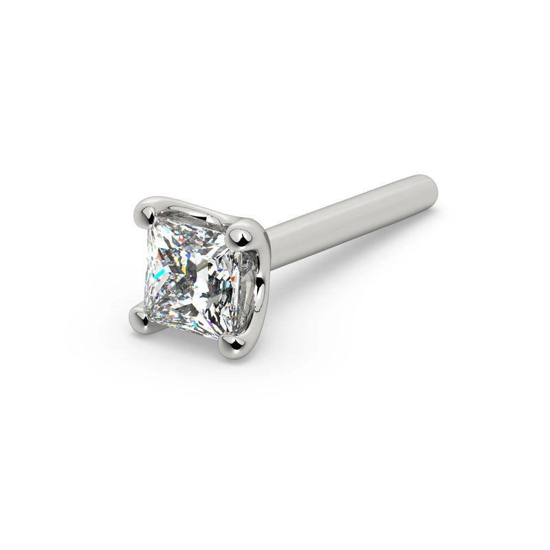 14k white gold 2.5mm princess-cut diamond straight-post nose stud, angled view showing pin style