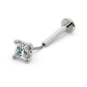 14k white gold 2.5mm princess-cut diamond threadless flat back labret, full view with end separated from post