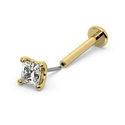14k yellow gold 2.5mm princess-cut diamond threadless flat back labret, full view with end separated from post