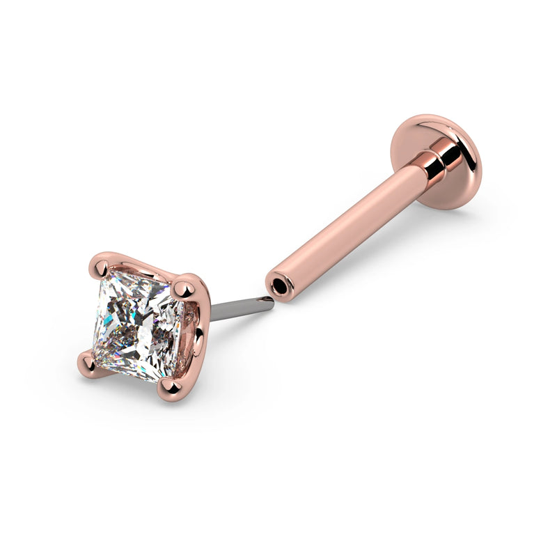 14k rose gold 2.5mm princess-cut diamond threadless flat back labret, full view with end separated from post