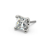 14k white gold 2.5mm princess-cut diamond push-pin end only, angled close-up of four-prong setting and pin