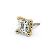 14k yellow gold 2.5mm princess-cut diamond push-pin end only, angled close-up highlighting prong detail