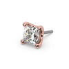 14k rose gold 2.5mm princess-cut diamond push-pin end only, angled view showing warm gold prong setting