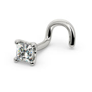 14k white gold 2.5mm princess-cut diamond nose screw, angled view showing full twist post shape