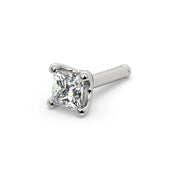 14k white gold 2.5mm princess-cut diamond nose bone stud, angled view showing ball-tipped post