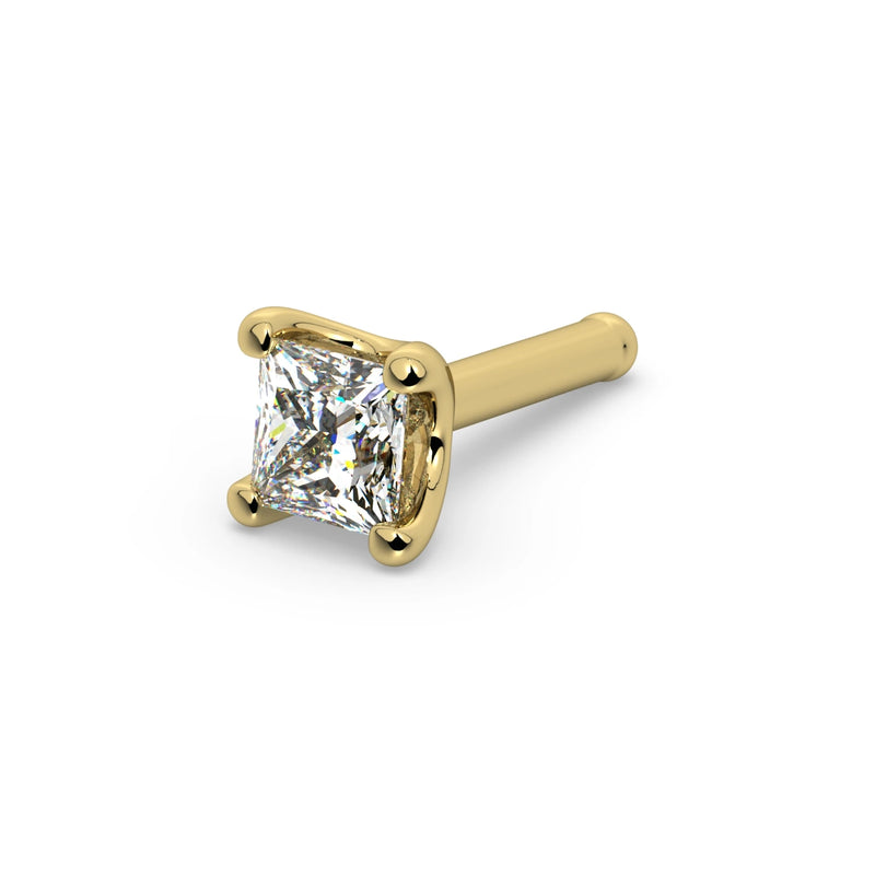 14k yellow gold princess-cut diamond nose bone stud, side view showing straight post with ball end