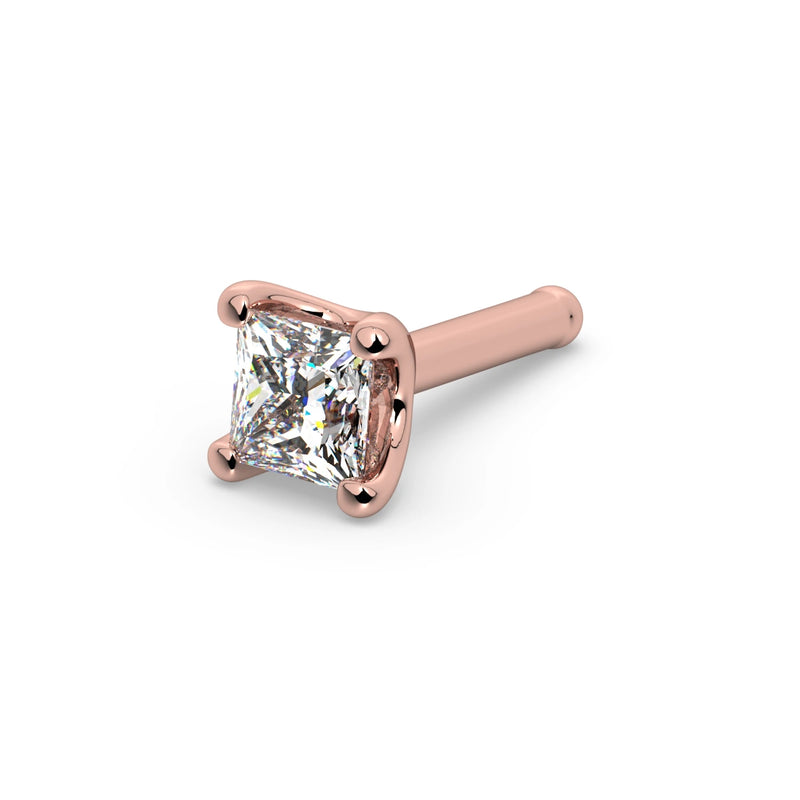 14k rose gold princess-cut diamond nose bone stud, angled view showing four-prong setting and post