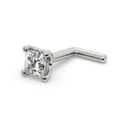 14k white gold 2.5mm princess-cut diamond L-post nose stud, angled view showing L-bend post
