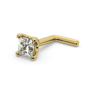 14k yellow gold princess-cut diamond L-post nose stud, angled view showing L-shaped post style