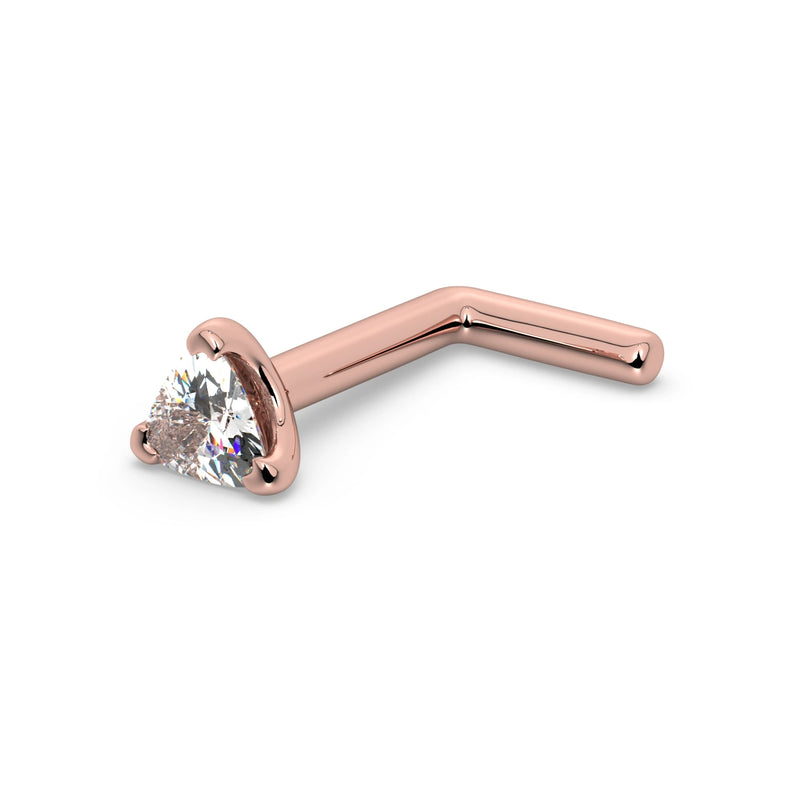 14k rose gold trillion diamond L-post nose stud, angled view highlighting the L-shaped backing