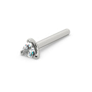 14k white gold trillion-cut diamond straight-post nose stud, angled view with plain pin backing