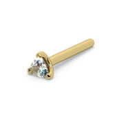 14k yellow gold trillion diamond straight-post nose stud, angled view showing full straight pin