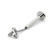 14k white gold trillion diamond threadless labret, extended view showing separated push-pin end and post