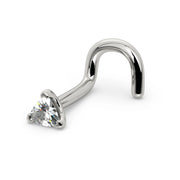 14k white gold 2.5mm trillion diamond nose screw, angled view highlighting the curved twist post