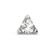 14k white gold 2.5mm trillion diamond labret end, straight-on front view of three-prong setting