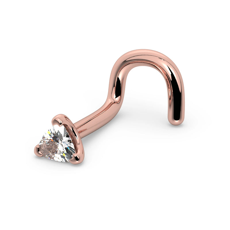 14k rose gold trillion-cut diamond nose ring twist style, side view showing screw backing shape