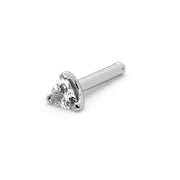 14k white gold trillion diamond nose bone stud, angled view showing straight post with ball end