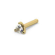 14k yellow gold trillion diamond nose bone stud, angled view with ball-end straight post visible