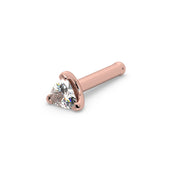 14k rose gold 2.5mm trillion diamond nose bone stud, angled view highlighting ball-tip post