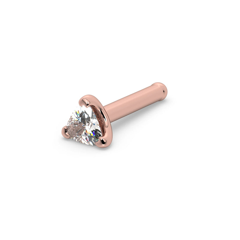 14k rose gold 2.5mm trillion diamond nose bone stud, angled view highlighting ball-tip post