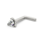 14k white gold trillion-cut diamond L-post nose stud, angled view showing bent L-shaped backing