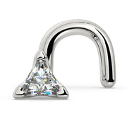 14k white gold triangle diamond nose ring with twist screw backing, angled side view