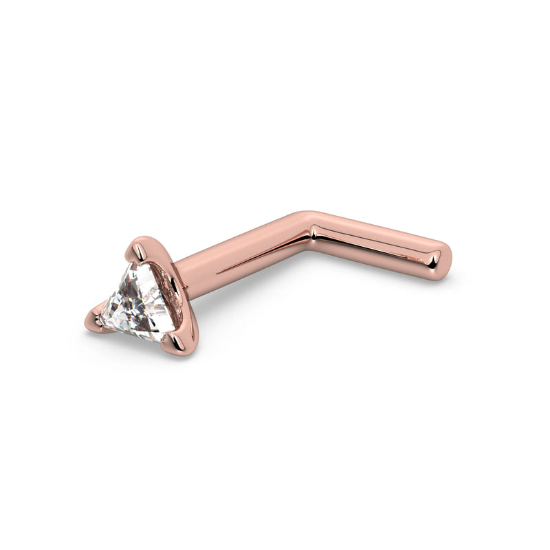 14k rose gold triangle diamond L-post nose stud showing L-shaped backing detail