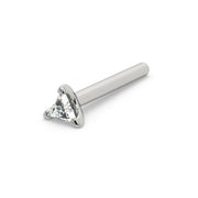 14k white gold triangle diamond straight-post nose stud with flat disc backing, angled view