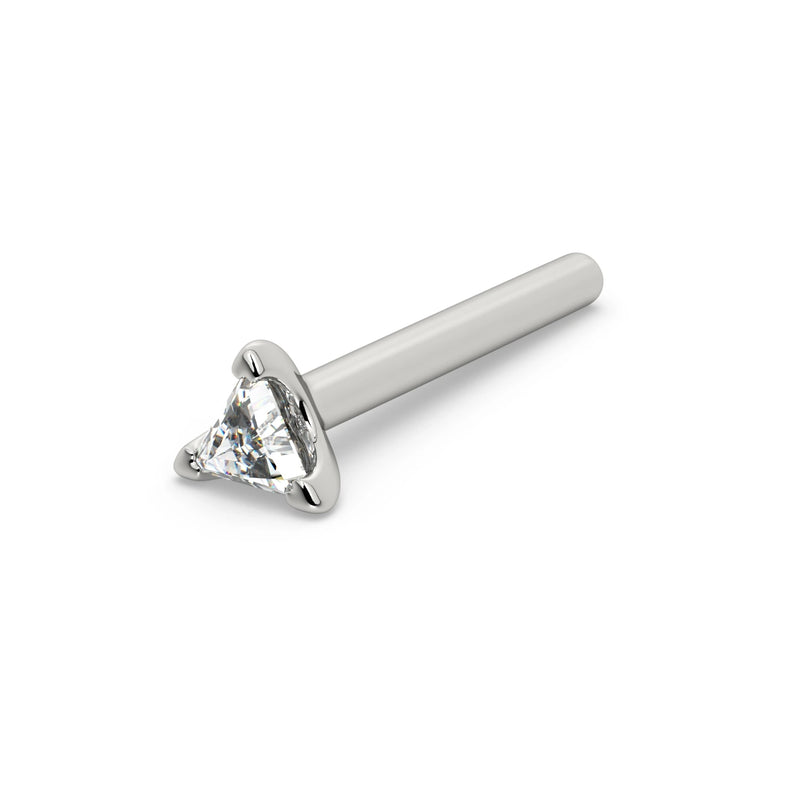 14k white gold triangle diamond straight-post nose stud with flat disc backing, angled view