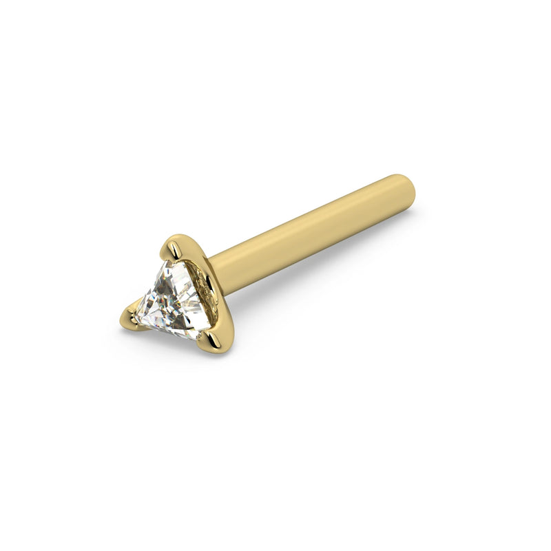 14k yellow gold triangle diamond straight-post nose stud with flat disc backing, angled view