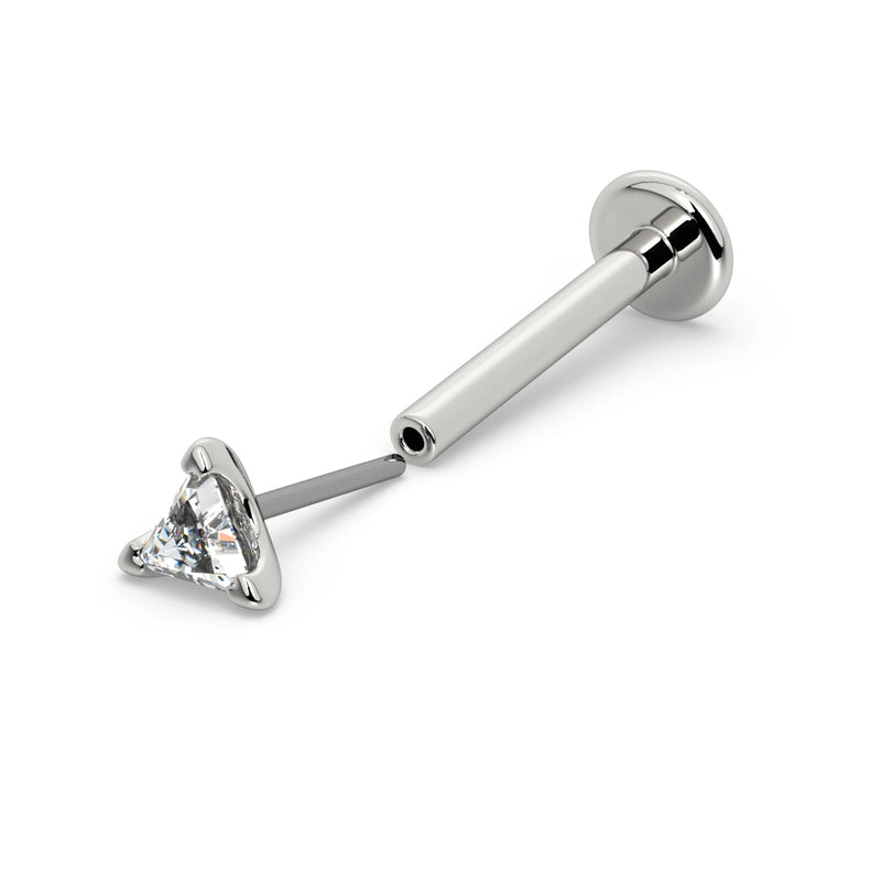14k white gold triangle diamond threadless flat back labret shown disassembled with push-pin end separated