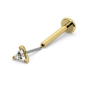 14k yellow gold triangle diamond threadless flat back labret shown disassembled with push-pin end separated