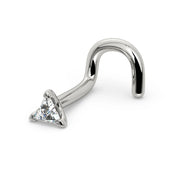 14k white gold 2.5mm triangle diamond nose ring, twist style showing curved screw post