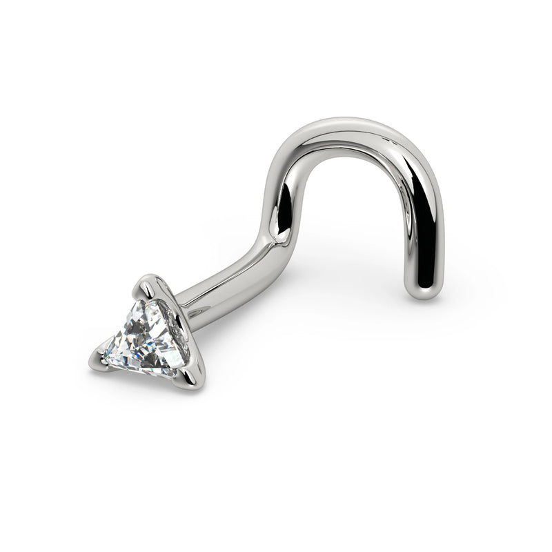 14k white gold 2.5mm triangle diamond nose ring, twist style showing curved screw post