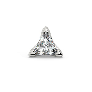 14k white gold 2.5mm triangle diamond flat back stud end, front view with three-prong setting