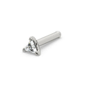 14k white gold triangle diamond nose bone stud with straight post and ball end, angled view