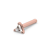 14k rose gold triangle diamond nose bone stud, angled view showing post and ball end