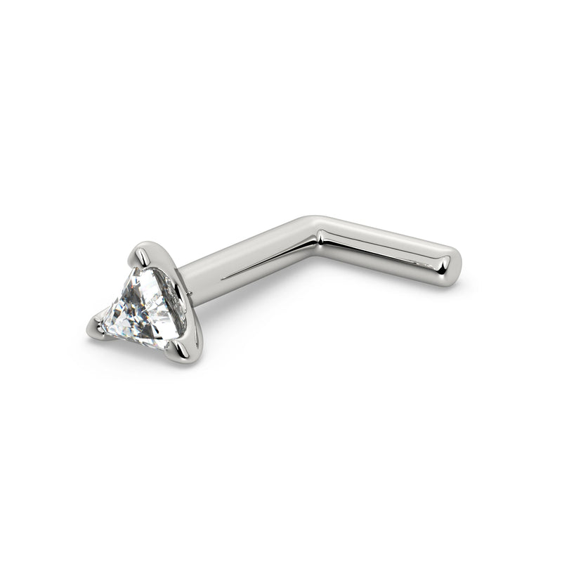 14k white gold triangle diamond L-post nose stud showing angled L-shaped backing
