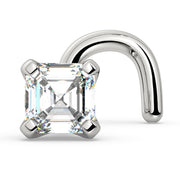 14k white gold 2.6mm Asscher diamond nose ring with twist screw backing, side profile view